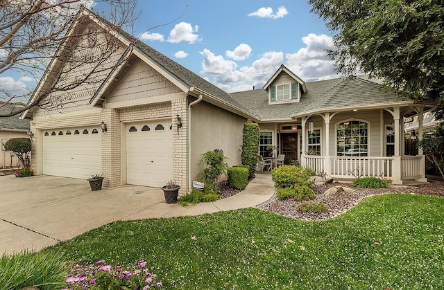 view of front facade featuring a porch, an attached garage, brick siding, driveway, and a front lawn