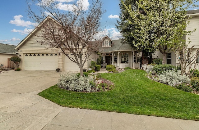 view of front of house featuring brick siding, covered porch, an attached garage, driveway, and a front lawn