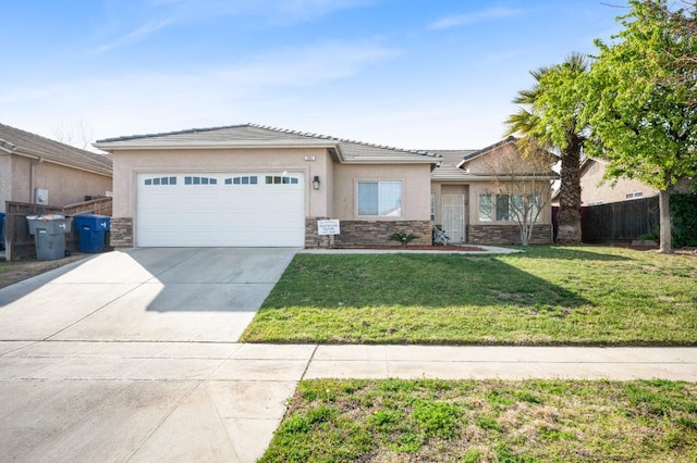 view of front of property featuring stucco siding, concrete driveway, fence, a garage, and stone siding