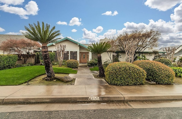 view of property hidden behind natural elements featuring a front yard and stucco siding