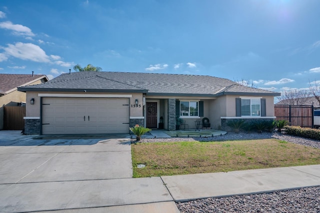 ranch-style home with a garage, fence, driveway, and stucco siding