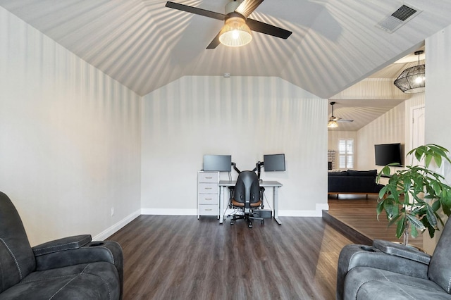 office with lofted ceiling, wood finished floors, visible vents, and baseboards