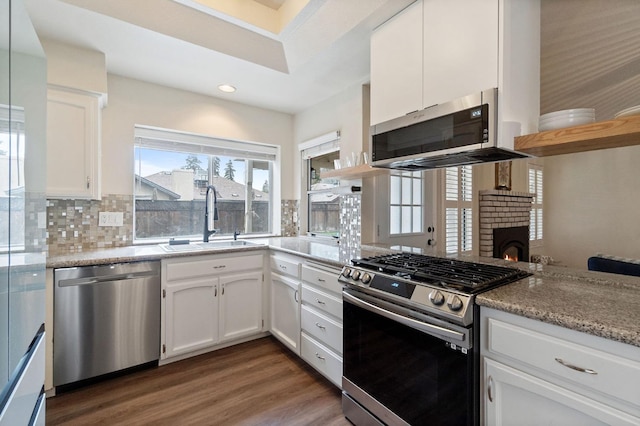 kitchen with stainless steel appliances, wood finished floors, a sink, white cabinetry, and decorative backsplash