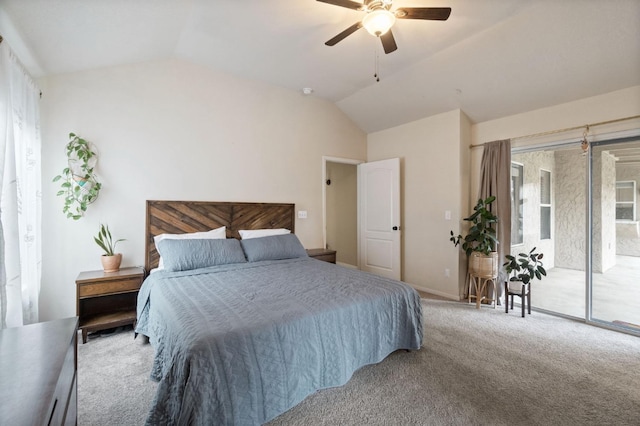 bedroom with carpet, a ceiling fan, vaulted ceiling, access to outside, and baseboards