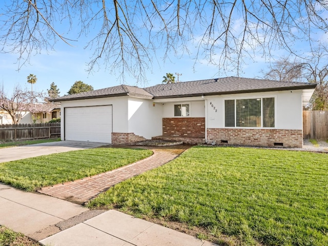 ranch-style house featuring brick siding, concrete driveway, crawl space, fence, and a front yard