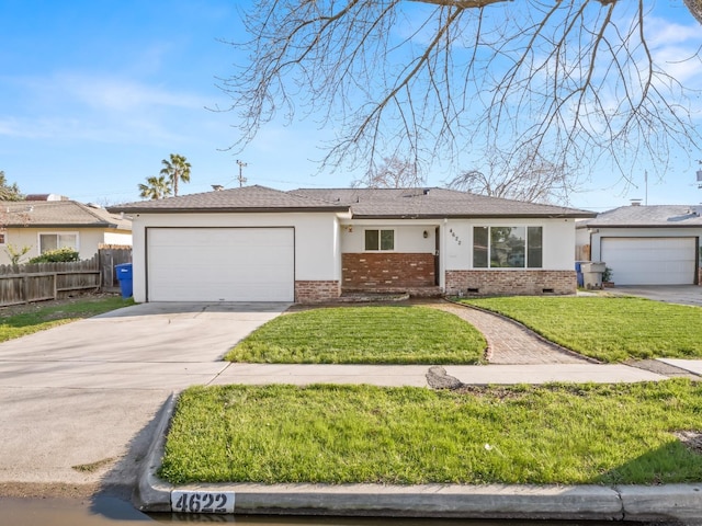 single story home featuring a front yard, crawl space, brick siding, and fence