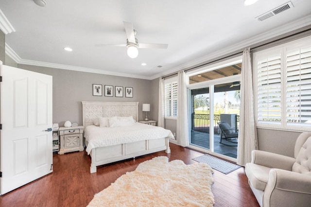 bedroom with access to exterior, crown molding, visible vents, and wood finished floors