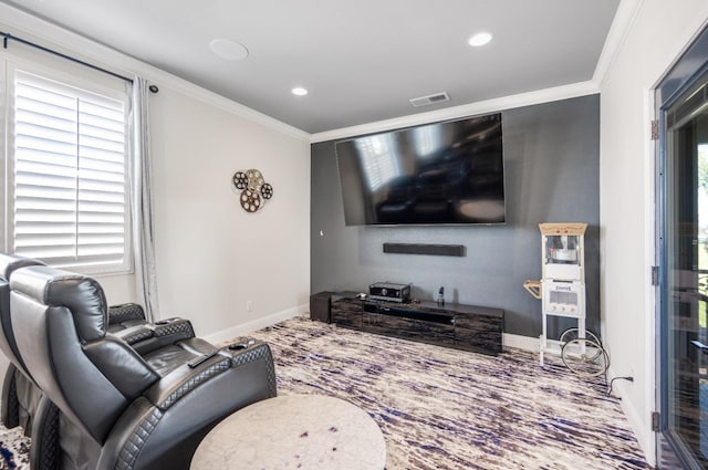 living area featuring ornamental molding, recessed lighting, and baseboards