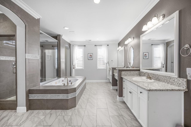 full bath with marble finish floor, a garden tub, ornamental molding, a shower stall, and vanity