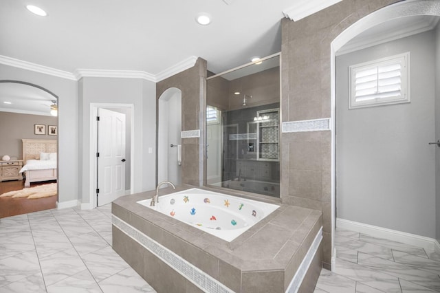 ensuite bathroom with baseboards, marble finish floor, ornamental molding, a shower stall, and a tub with jets