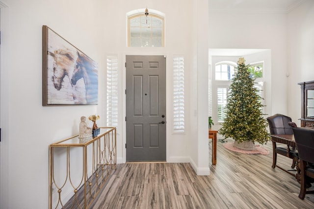 foyer entrance with light wood-style floors, baseboards, and ornamental molding