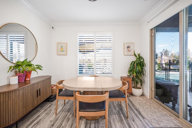 dining area with light wood-style flooring, a wealth of natural light, and crown molding