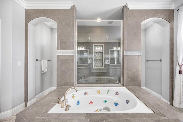 bathroom with a walk in shower, a jetted tub, and crown molding