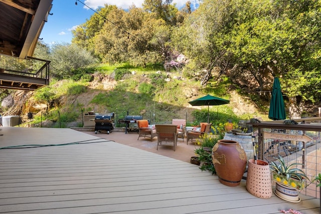 deck with outdoor dining space, a patio area, and grilling area