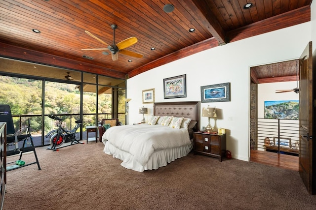 bedroom with visible vents, wooden ceiling, carpet, floor to ceiling windows, and recessed lighting