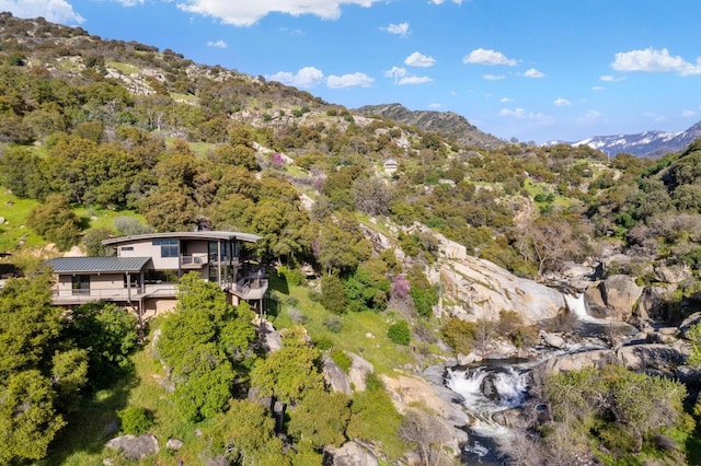 bird's eye view featuring a forest view and a mountain view