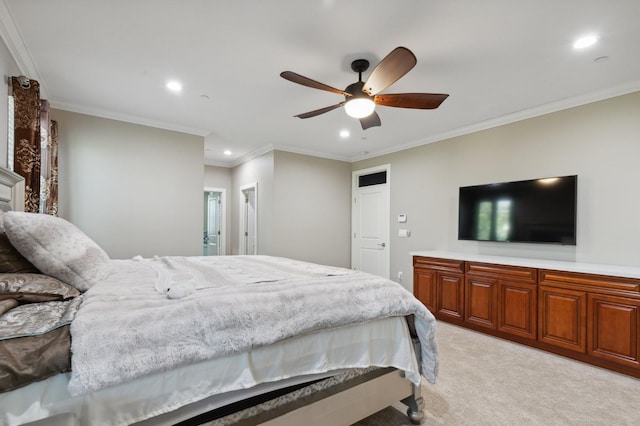 bedroom with light carpet, ceiling fan, crown molding, and recessed lighting