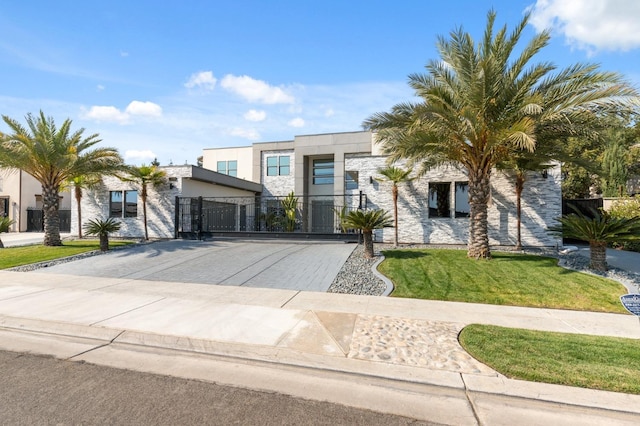 modern home featuring driveway, stone siding, a gate, and a front lawn