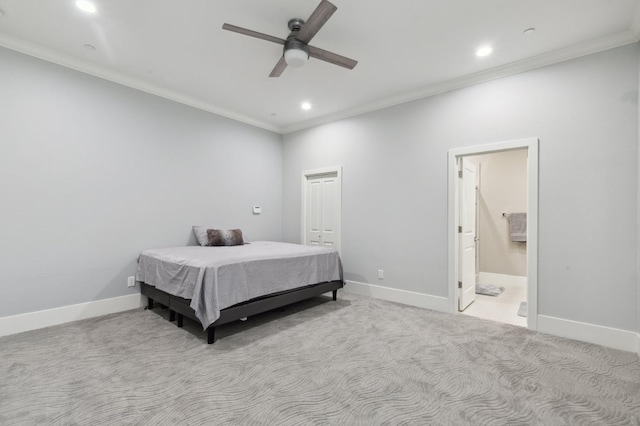 carpeted bedroom featuring baseboards, recessed lighting, and crown molding