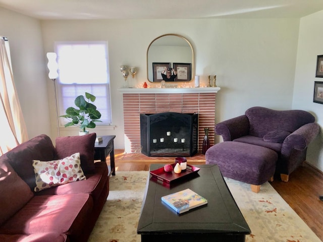 living area with a tiled fireplace and wood finished floors