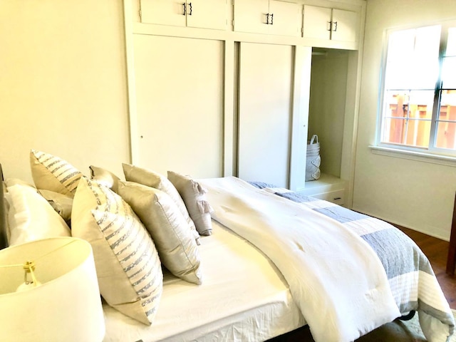 bedroom featuring a closet and dark wood-style flooring