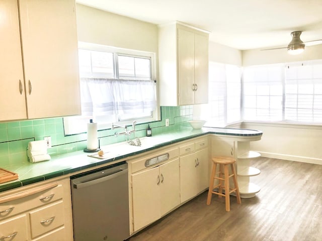 kitchen with stainless steel dishwasher, tile counters, light wood-style flooring, and tasteful backsplash