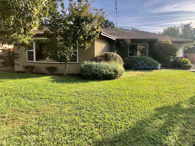 view of property exterior with a lawn and stucco siding