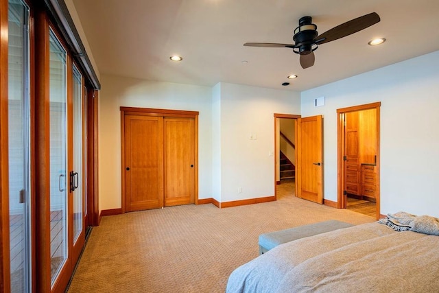 bedroom with recessed lighting, light colored carpet, visible vents, and baseboards