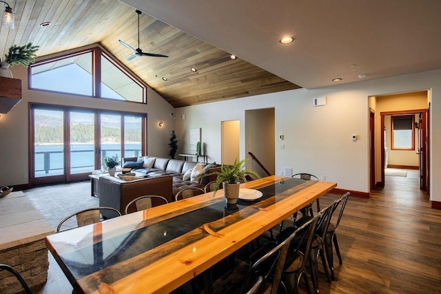 dining space with dark wood-style flooring, recessed lighting, wood ceiling, and baseboards