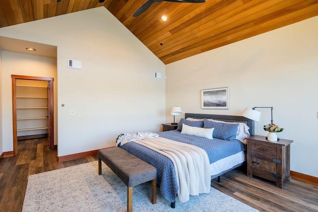 bedroom with baseboards, visible vents, wooden ceiling, wood finished floors, and high vaulted ceiling