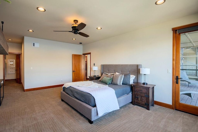 carpeted bedroom with visible vents, baseboards, a ceiling fan, access to exterior, and recessed lighting