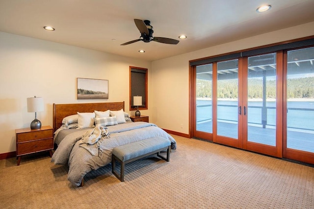 bedroom featuring baseboards, access to outside, recessed lighting, and light colored carpet