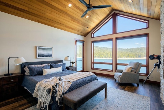 bedroom featuring wooden ceiling, ceiling fan, wood finished floors, high vaulted ceiling, and recessed lighting