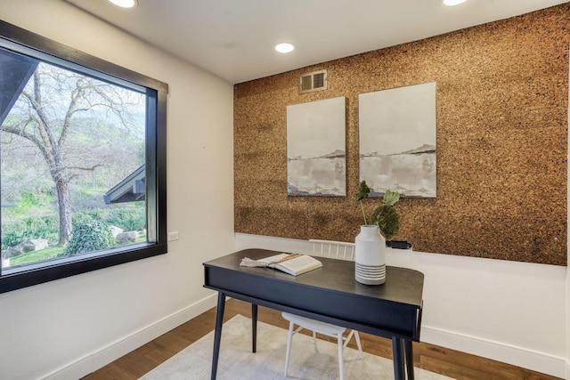 office area featuring recessed lighting, visible vents, baseboards, and wood finished floors