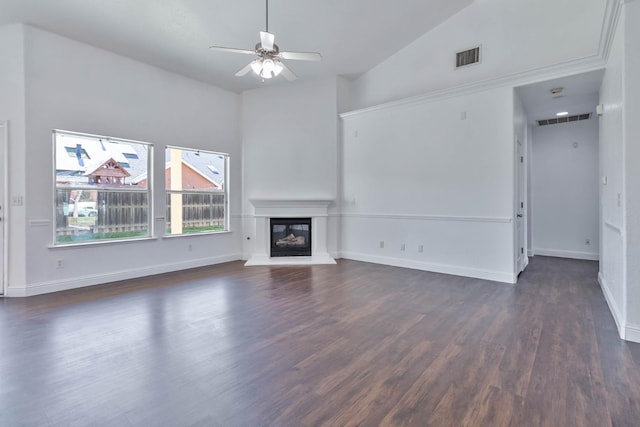 15877 W C St, Kerman, CA 93630 - unfurnished living room with a ceiling fan, dark wood-style floors, a glass covered fireplace, and high vaulted ceiling