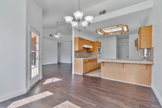 15877 W C St, Kerman, CA 93630 - kitchen featuring white appliances, under cabinet range hood, decorative backsplash, a ceiling fan, and a chandelier