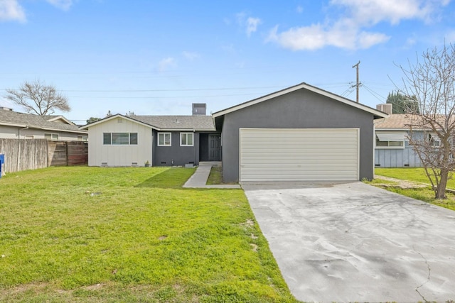 ranch-style home featuring an attached garage, fence, concrete driveway, crawl space, and a front yard