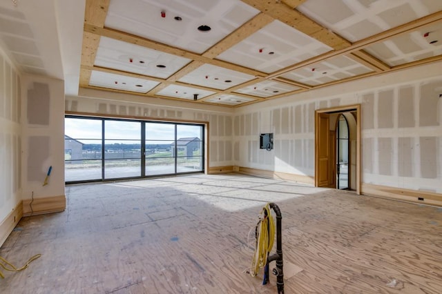 unfurnished room with coffered ceiling