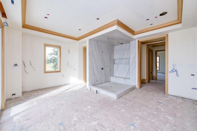 bathroom featuring a shower, a tray ceiling, and crown molding