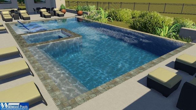 view of pool with an in ground hot tub, a patio area, and fence