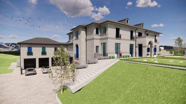 view of front facade with a front yard, an attached garage, and stucco siding