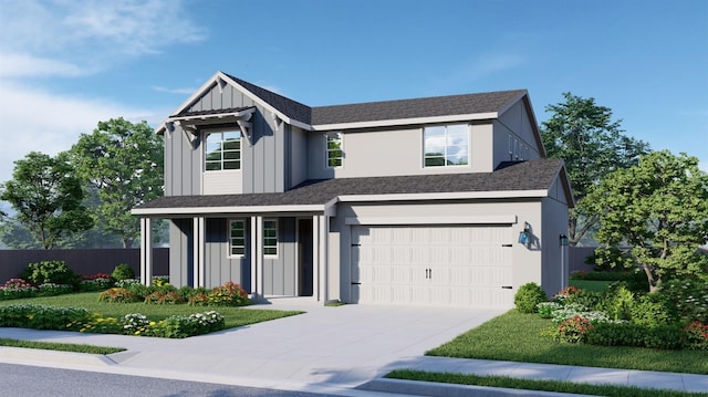 modern farmhouse style home featuring a garage, driveway, roof with shingles, fence, and board and batten siding