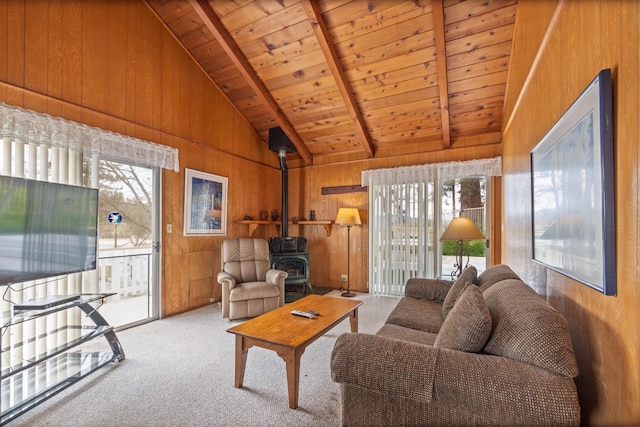 39118 Lake Dr, Bass Lake, CA 93604 - carpeted living area featuring a wood stove, wooden walls, and wood ceiling