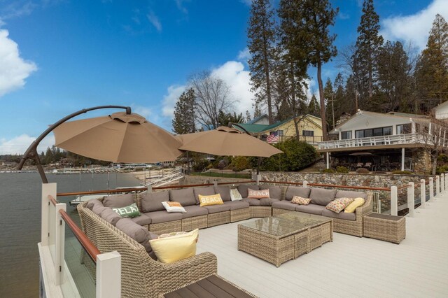 39118 Lake Dr, Bass Lake, CA 93604 - view of patio with an outdoor living space and a wooden deck