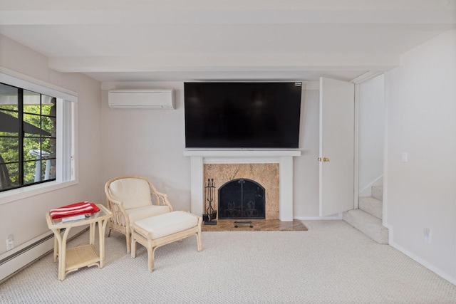 39118 Lake Dr, Bass Lake, CA 93604 - sitting room featuring a wall unit AC, a baseboard heating unit, carpet, a fireplace, and stairway
