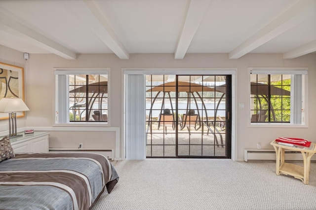 39118 Lake Dr, Bass Lake, CA 93604 - bedroom with beamed ceiling, access to exterior, carpet flooring, and a baseboard heating unit