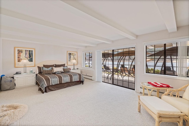 39118 Lake Dr, Bass Lake, CA 93604 - bedroom featuring access to exterior, beam ceiling, carpet, and baseboard heating