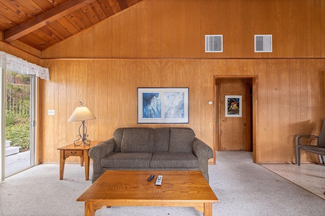 39118 Lake Dr, Bass Lake, CA 93604 - living area featuring carpet, wood walls, a wooden ceiling with exposed beams, and high vaulted ceiling