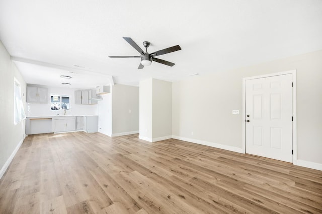 unfurnished living room with visible vents, light wood-style floors, a sink, ceiling fan, and baseboards