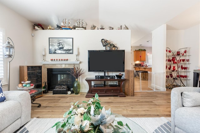 living area with a glass covered fireplace and light wood-style floors